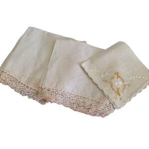 Embroidered Vintage Cotton Handkerchief Set w/Gold Floral Detail & Crochet Trim